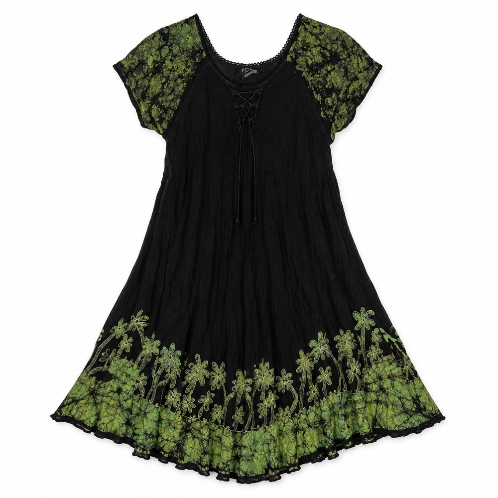 Y2K Forest Fairy Black Green Batik Boho Handkerchief Hem Dress One Size Lace Up